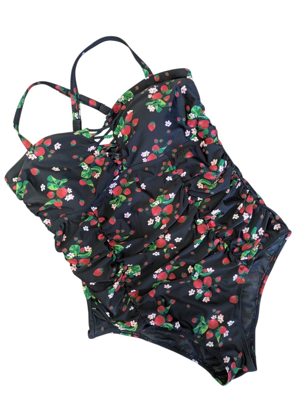 Torrid Retro Slim Fix Wireless Lattice One Piece Swimsuit 2 2X Black Strawberry